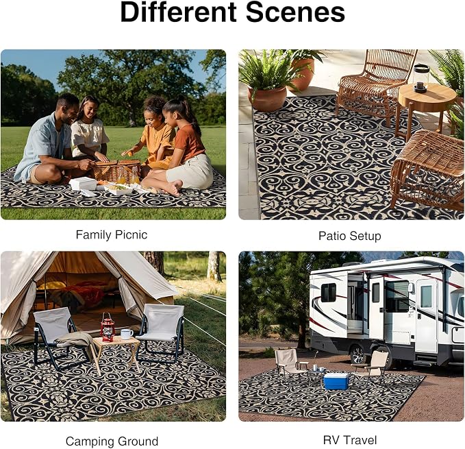 OLANLY Outdoor Rug Waterproof 8x10 ft Clearance, Reversible Outdoor Plastic Straw Rug with Floral Pattern, RV Mat for Patio, Camping, Balcony, Deck, Backyard, Black & Beige