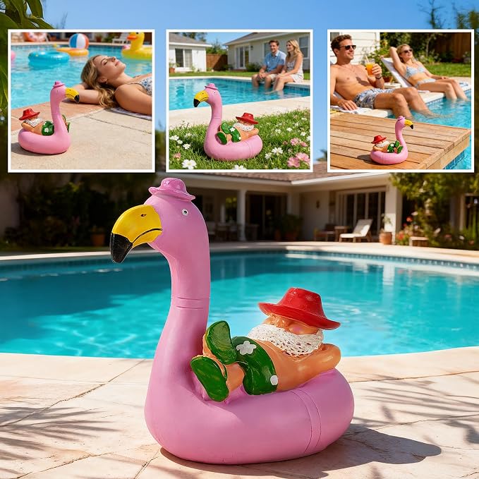 Teaeeno Garden Gnome on Flamingo - Funny Gnome Figurine - Cute Gnome Lawn Statue - for Outdoor or House Decoration