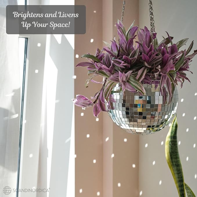 SCANDINORDICA Disco Ball Planter – Value Package: Disco Planter with Chain, Macrame Hanger and Acrylic Stand, Includes Self Watering Insert, Preppy Room Decor, Funky Decor | 8 inch Silver