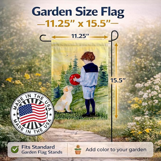 Caroline's Treasures SS8530GF Little Boy with his Golden Retriever Garden Flag Mailbox Flag Decorative Yard Flag Banner Outside Patio Artwork Yard Flower Beds, Garden Size, Multicolor