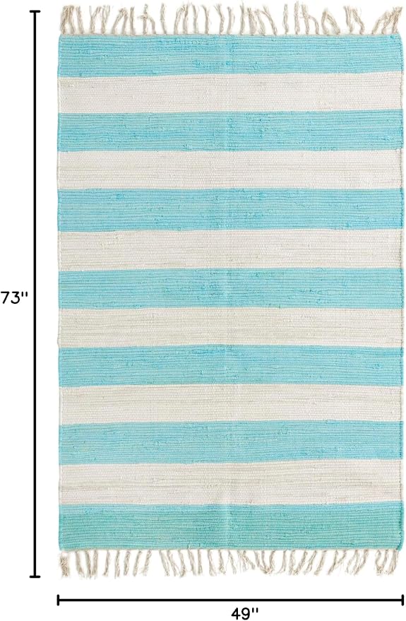 Unique Loom Chindi Rag Collection Area Rug - Striped (4' 1" x 6' 1" Rectangle, Turquoise and Ivory)