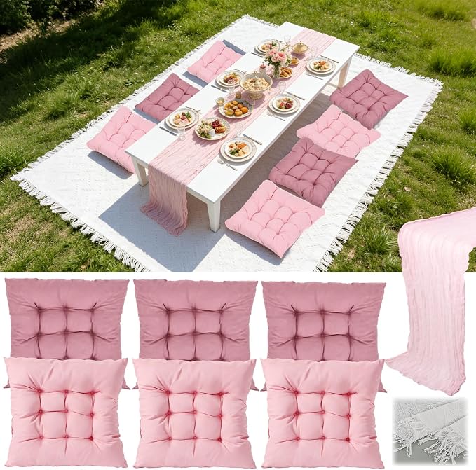 90 x 70.8 Extra Large Outdoor Boho Picnic Blanket with Pink Table Runner and 6 Throw Floor Pillow Cushion Woven Cotton Yarn Beach Blanket for Picnic Wedding Birthday Baby Shower Backyard Decor