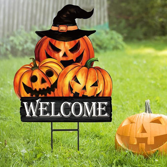 JarThenaAMCS Vintage Halloween Pumpkin Metal Garden Stake Evil Pumpkin Face Decorative Lawn Sign Spooky Welcome Yard Sign for Trick or Treat Home Outside Lawn Porch Decor
