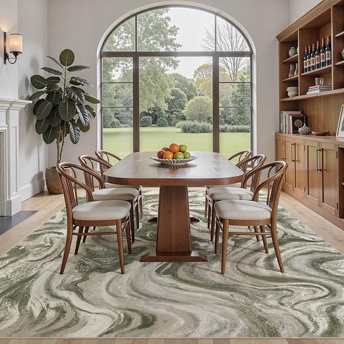 DMOYEST 5x7 Area Rug for Living Room Washable Abstract Indoor Carpet | Neutral Modern Low Pile Rugs Kid & Pet Friendly Soft Thin Carpet for Bedroom Dining Room and Office - Olive Green