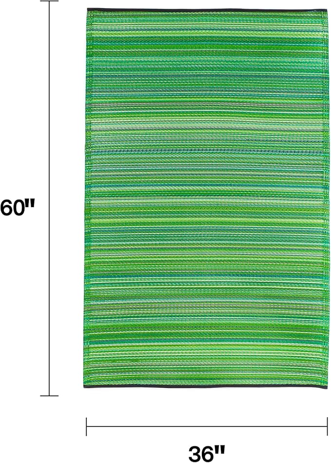 Fab Habitat Outdoor Rug - Waterproof, Fade Resistant, Crease-Free - Premium Recycled Plastic - Striped - Porch, Deck, Balcony, Mudroom, Laundry Room, Patio - Cancun - Green - 3 x 5 ft