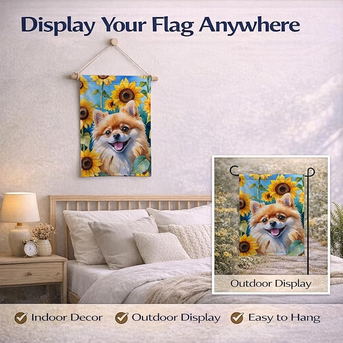 Caroline's Treasures DAC6136GF Pomeranian in Sunflowers Garden Flag Mailbox Flag Decorative Yard Flag Banner Outside Patio Artwork Yard Flower Beds, Garden Size, Multicolor