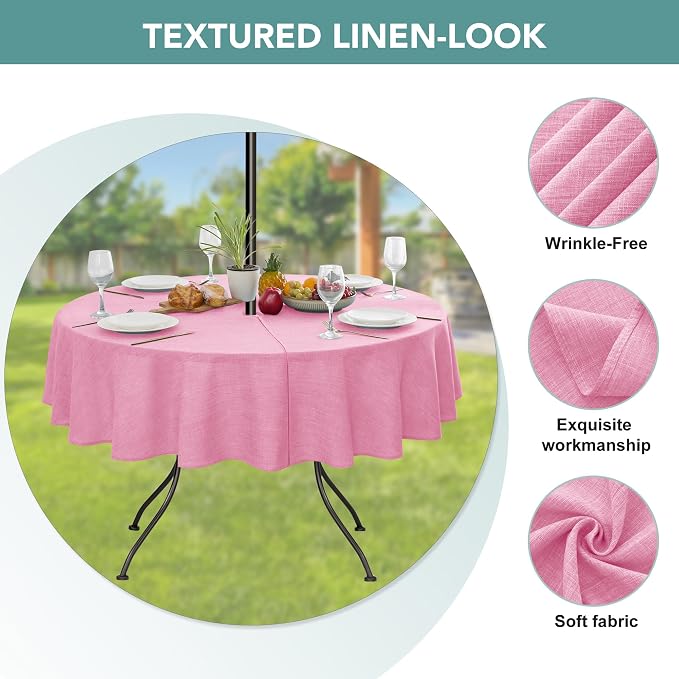 Outdoor Tablecloth with Umbrella Hole - Patio Table Cloth Zippered Round 60 Inch, Pink Linen-Look Polyester Table Cover Water Resistant for Picnic Outside