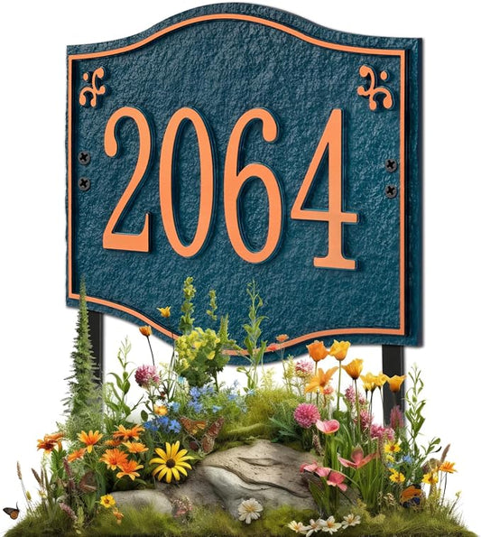 Personalized Address Plaque Sign - LAWN MOUNTED, House Address Signs for Outside Use for House,Apartment,Office,Yard (Green/Copper)