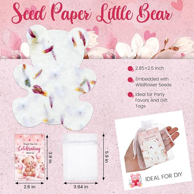 Dunzoom 50 Sets Baby Shower Party Gifts for Guests Little Bear Shaped Seed Paper Handmade Flower Petals Tags Plantable Wildflower Seed Paper Recycled Thank You Cards and Organza Bags for Party Favor