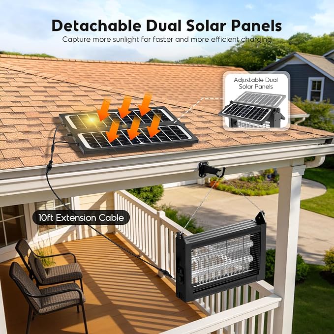 Solar Bug Zapper Outdoor, 4500V Electric Mosquito Zapper with Dual Solar Panels, Auto On/Off Mosquito Killer, IPX5 Waterproof Fly Trap for Backyard Patio Garden Camping, 1/2 Acre Coverage