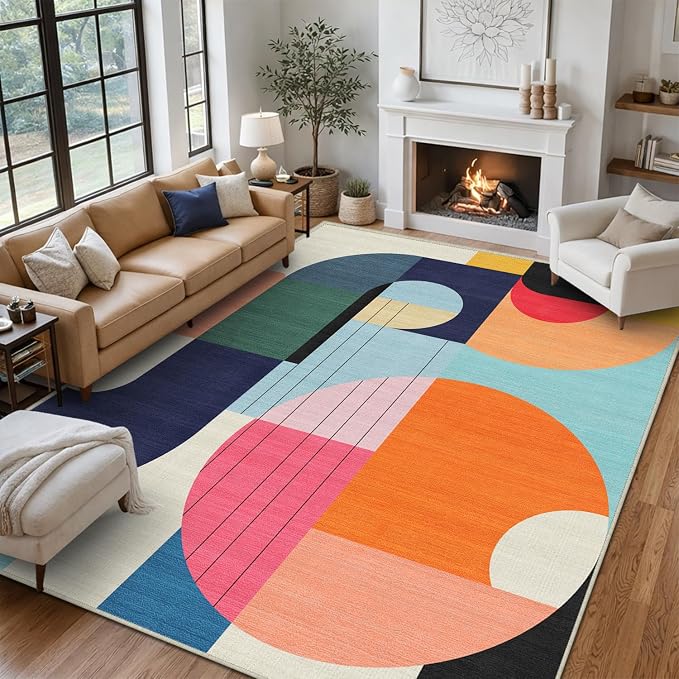 9x12 Area Rug Colorful Boho Geometric Carpet Modern Abstract Large Rug for Living Room Bedroom Machine Washable Non-Slip Rug for Dining Room Home Office