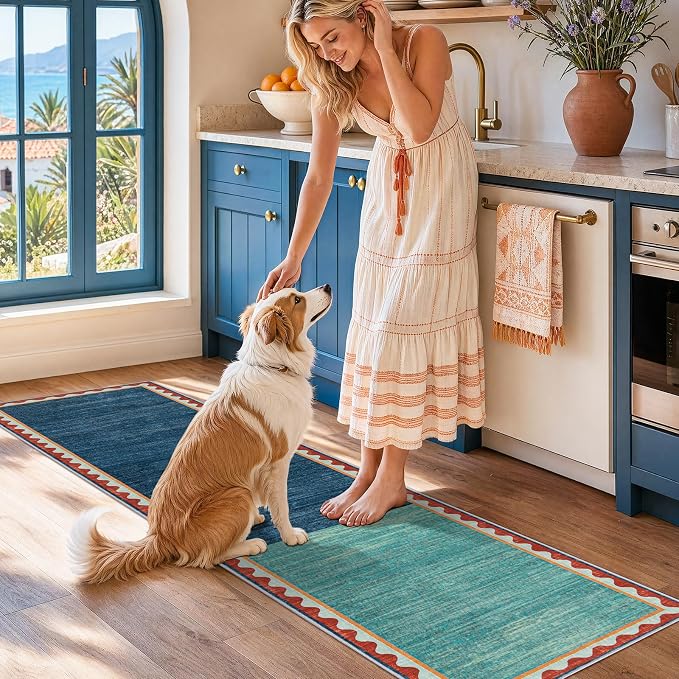 Mid-Century Washed Style Area Rug 2x8 Washable Carpet for Living Room, Non-Slip Low Pile Soft Rug for Bedroom, Kitchen, Entryway, Retro Teal