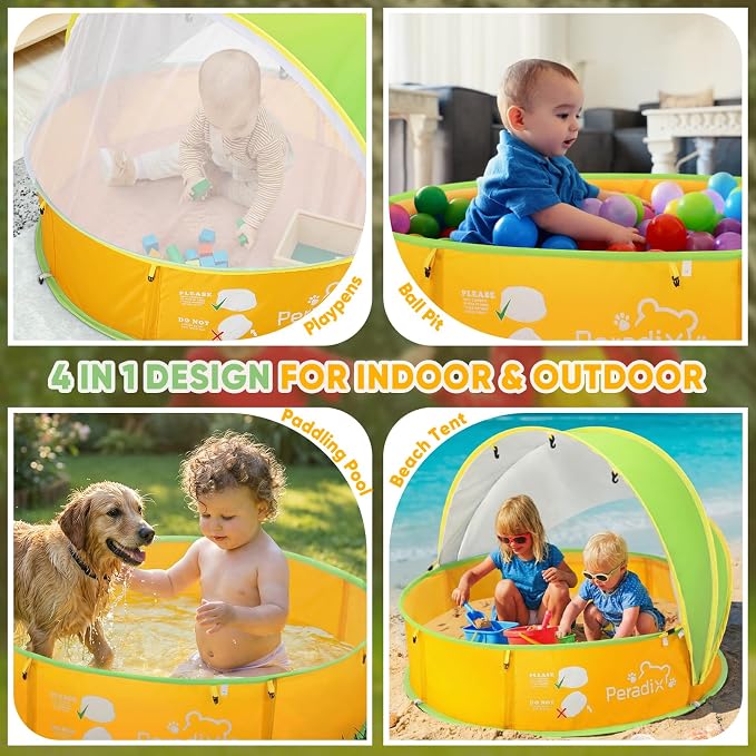 Peradix Paddling Pool for Kids & Pets Infant Ball Pit Tent, Portable Baby Beach Tent, 4-in-1 Pop Up Pool Tent with UV Adjustable Canopy, Indoor/Outdoor Playpen Foldable Toys for Child Summer 2026