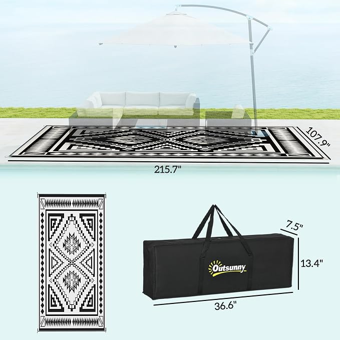 Outsunny Outdoor Rug for Patio, 9' x 18' Waterproof Large Mat, Reversible Plastic Straw Rug for Decor, Portable Outside RV Camping Area Carpet Mat for Backyard Porch Deck Picnic, Black & Gray Square