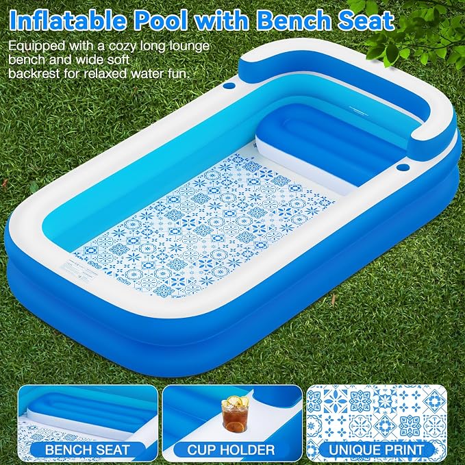 Extra Large Inflatable Pool with Seats Pump, 120"x85"x26" Blow Up Pool Thickened Heavy Duty Family Full-Sized Swimming Pool for Adults, Inflatable Pools for Backyard Garden Summer Water Party