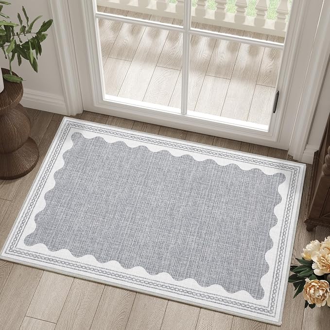 2x3 Scalloped Area Rugs Grey Washable Entryway Bedroom Rug | Solid Small Area Rug Non Slip Scalloped Bath Mat, Front Door Mat Indoor Entrance,Soft Girls Nursery Dorm Carpet for Kitchen