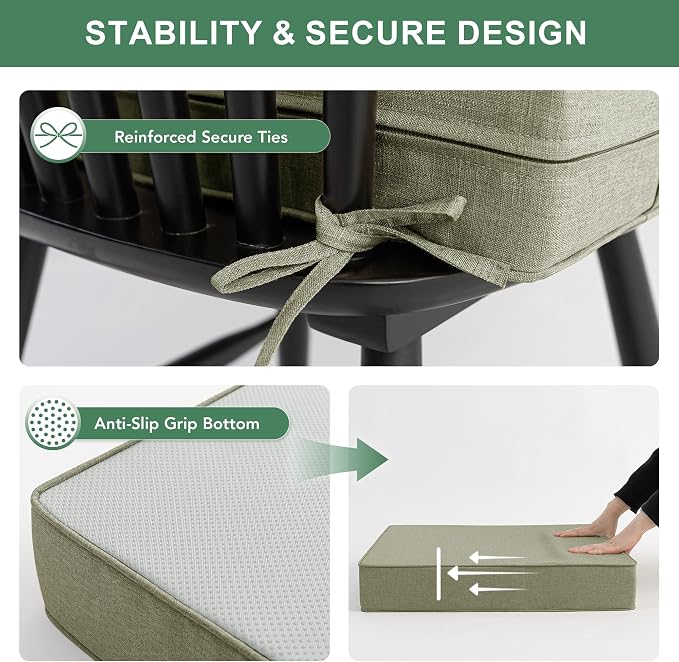Summsun Water Resistant Outdoor Chair Cushions, Faux Linen Backrest and Deep Seat Cushion Set with Ties, Removable Cover, Non-Slip Bottom for Patio Furniture, 22 x 22 Inch, Mocca Green, Set of 4