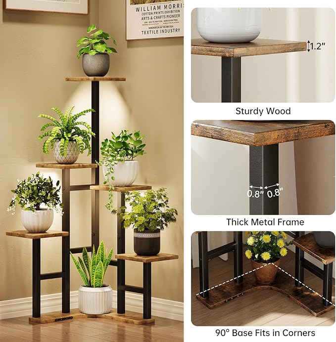 Yzosvki Corner Plant Stand Indoor with Grow Lights, 6 Tiered Corner Plant Shelf Flower Stand for Multiple Plants, Plant Shelves Organizer Rack for Living Room, Balcony, Patio, Square Rustic Brown