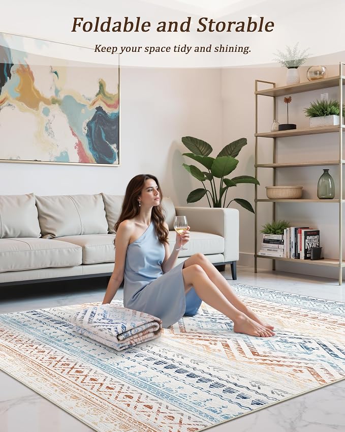Miukiki 9x12 Area Rug for Living Room, Washable Non Slip Moroccan Rug Multi | Large Soft Rug for Kitchen Bedroom Dining Room Office, Low Pile Indoor Floor Carpet Home Decor 9'x12'
