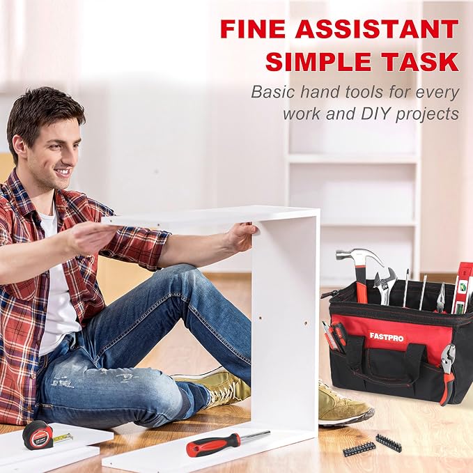 FASTPRO 220-Piece Home Tool Set, Household Repairing Tool Kit with 12-Inch Wide Mouth Open Storage Tool Bag, Red