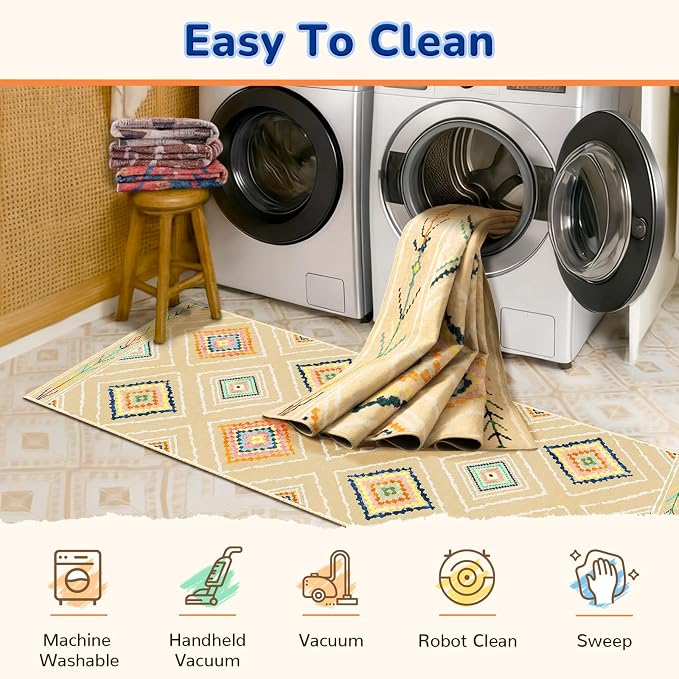 9'x12' Washable Area Rug for Living Room Bedroom Cream/Beige | Soft Western No Slip Low Pile Print Foldable Indoor for Kitchen Dining Room