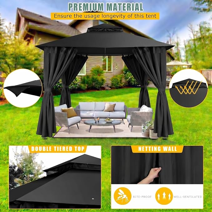 COBIZI 10x10 Gazebo with Double Roof & Mosquito Netting Outdoor Heavy-Duty Party Tent, Patio Tent with Zipper Screens - Backyard Garden Lawn Shelter Includes Wind Ropes Expansion Bolts, Black