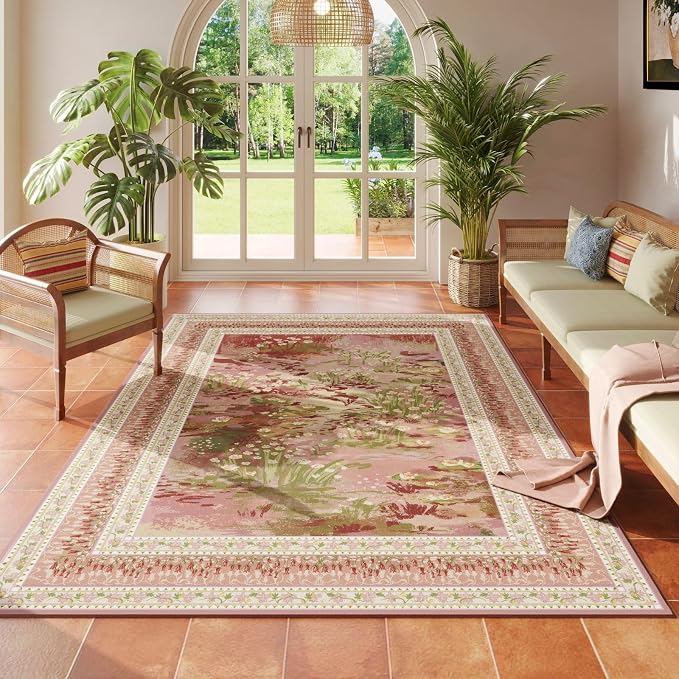 Rugcomf 4x6 Rug for Bedroom Impressionist-Style Vintage Washable Rugs Non Slip Low Pile Small Carpet for Bedside Kids Room Office Dining Room, Pink