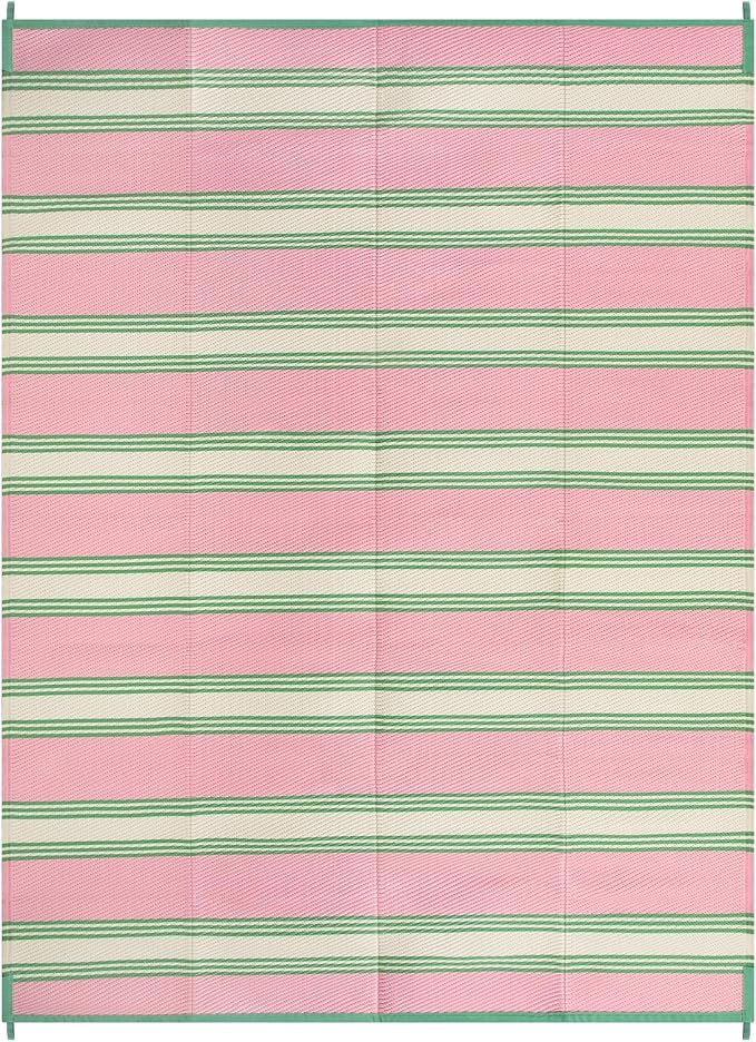 Lahome Striped Outdoor Plastic Straw Rug, Reversible Outdoor Rug Waterproof 9x12 Rugs for Patio, RV Camping Rug Picnic Mat Outside Large Carpet for Beach Deck Backyard Balcony(Pink/Green,9'x 12')