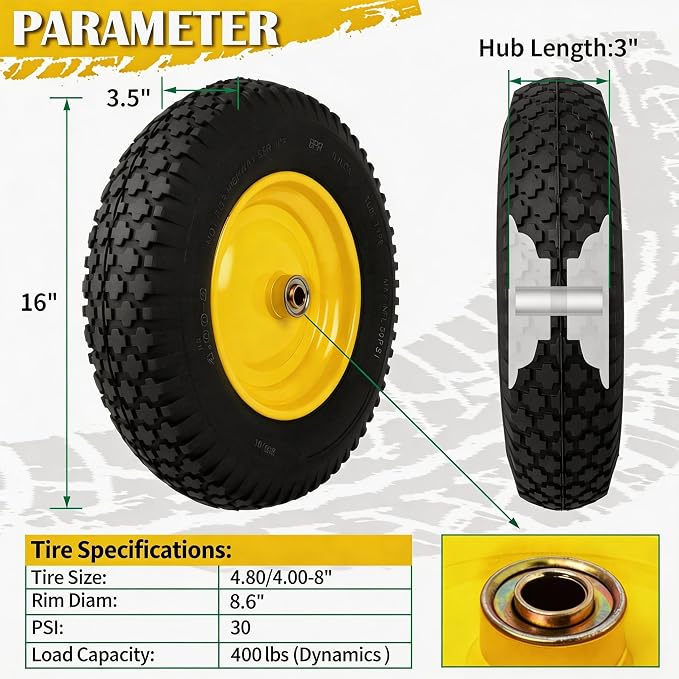 4.80/4.00-8 Pneumatic Tires, 16" Wheelbarrow Tire and Wheel 400LB Capacity, with 5/8" & 3/4" Bushing Kit, 3"-4''-6''-7" Adjustable Hub, for Garden Cart, Utility Carts, Trailers, Hand Trucks, 2 Pack