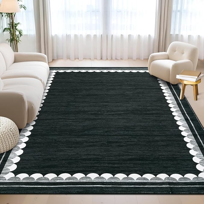 COZYLOOM Washable Rugs 9x12 Area Rug for Living Room, Non Slip Non Shedding Modern Solid Rug Stain Resistant Low Pile Minimalist Carpet Foldable Thin Mats for Bedroom, Dining Room, Nursery, Black