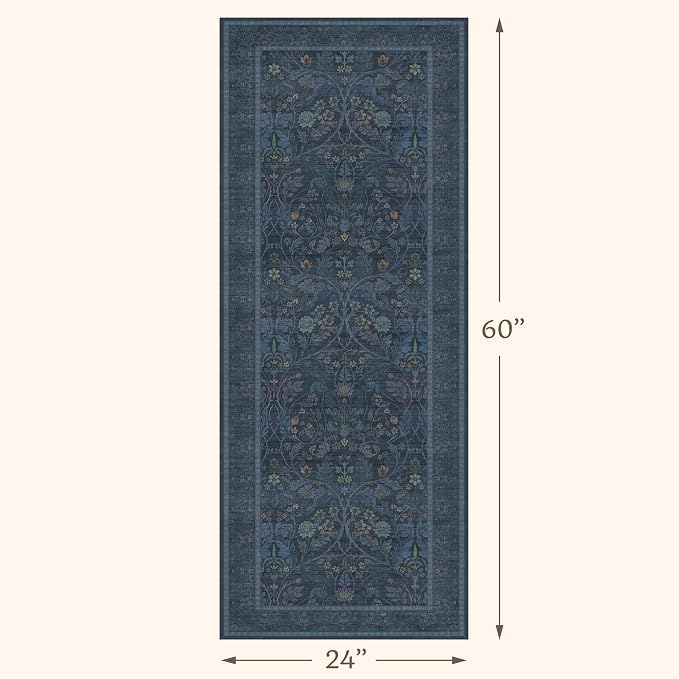 Boho Blue 2x5 Washable Laundry Entryway Mats for Floor - Small Kitchen Rug Runner Non Slip, Dark Blue Stain Resistant Area Rugs for Bedside, Bathroom, Hallway