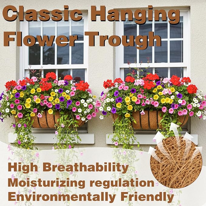 2 Pcs 24“ Railing Planter Window Box Deck Railing Planter Boxes with Coco Liner English Horse Trough Planters Metal Wall-Mounted Planters Basket for Outdoor Balcony Porch Fence Patio Rail