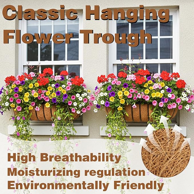 4 Pcs 24“ Railing Planter Window Box Deck Railing Planter Boxes with Coco Liner English Horse Trough Planter Metal Wall-Mounted Planters Basket for Outdoor Balcony Porch Fence Patio Rail