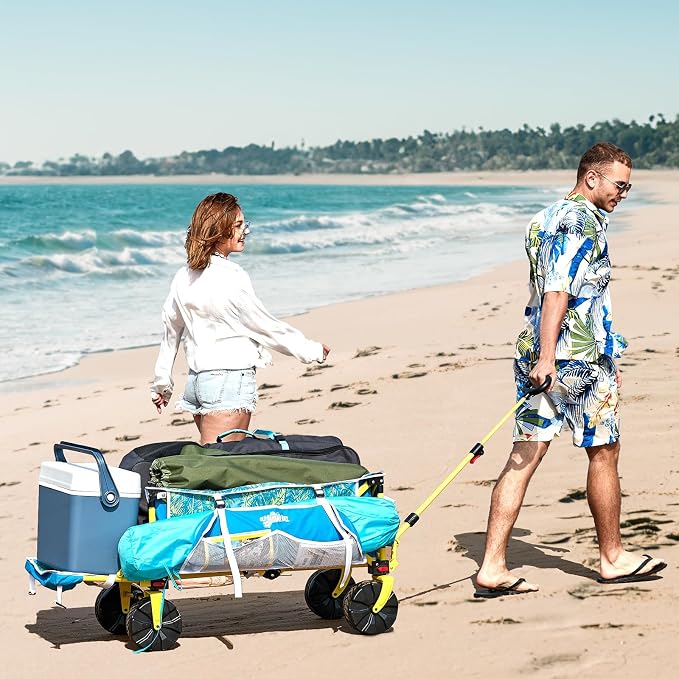 Old Bahama Bay Beach Wagon with Big Wheels for Sand, 330 LBS Heavy Duty Collapsible Beach Cart with Tailgate, Foldable Utility Wagon with Cup Holders & Side Pocket for Camping, Shopping, Garden, Blue