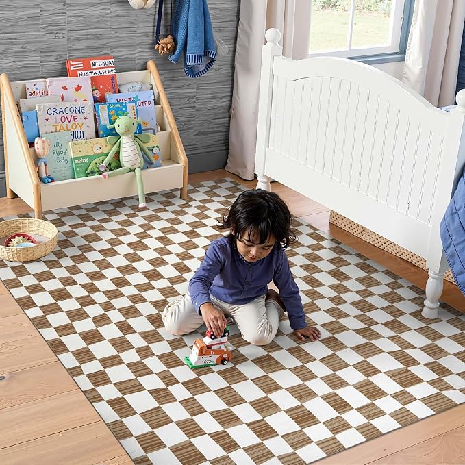 jinchan 4x6 Area Rug Washable Modern Checkered Rug for Kids Room, Brown | Geometric Lattice, Soft, Non-Slip, Floor Carpet, Kitchen, Nursery, Bedroom, Living Room, Dining Room, Nursery, Playroom