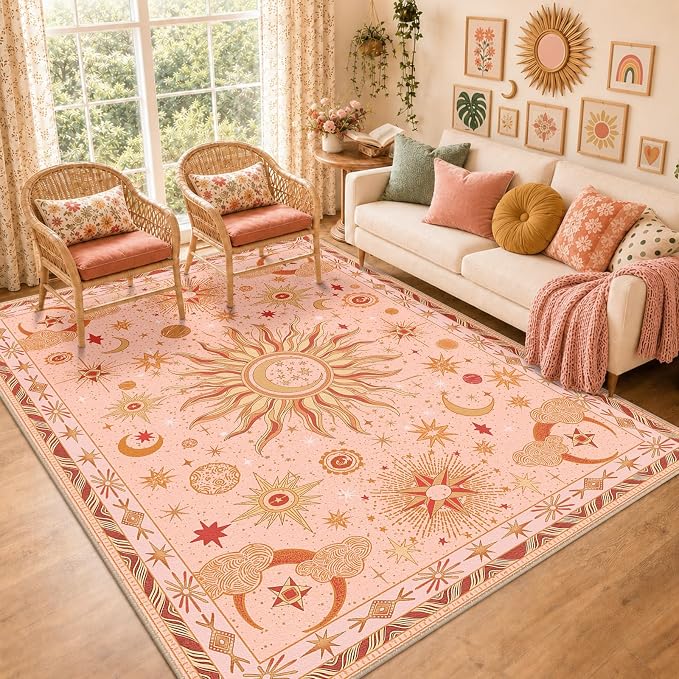 Vacuum-Friendly, 6x9 Washable Area Rug, Pink Gold Beige Red | Sun and Moon Boho Gothic Non-Slip Low Pile Living Roon Bedroom Dining Room Kitchen Entry Entryway Entrance Hallway Doormat