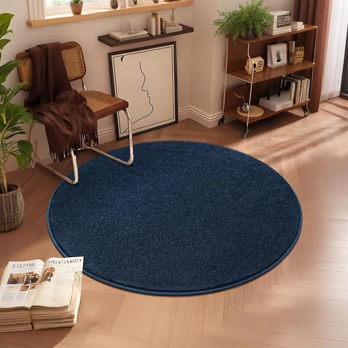 5' Navy Blue Round Area Rug Modern Solid | Washable Memory Foam, Low Pile Non Slip Indoor Carpet for Living Room Bedroom Office Classroom College Dorm Room Home Decor