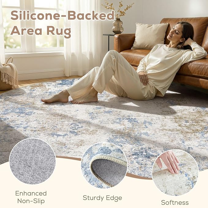 Nakagishi 6X6 Abstract Washable Area Rugs for Living Room-Blue Brown | Modern Non-Slip Silicone Backing Low Pile Soft Carpet for Bedroom Dining Decor Ideal for Families with Kids and Pets