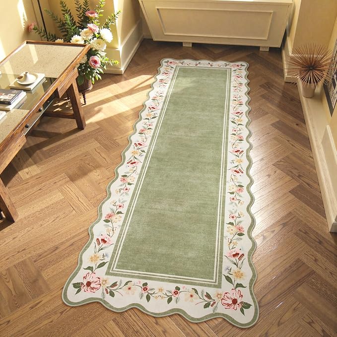 Lahome Floral 2'x 6' Washable Kitchen Runner Rug, Green Rug Runners for Hallways Non Slip, Scalloped Runner Rug Ultra-Thin Stain Resistant Boho Carpet for Entryway Bathroom Bedroom Ariele（Green，2x6ft）