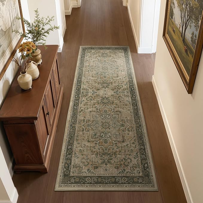 Vintage 3x6 Runner Rug Non Slip, Washable Thin Kitchen Runner, Distressed Medallion Carpet Runners for Hallway 6ft Indoor Entryway/Bedroom/Foyer/Laundry Room/Bathroom, Multi Brown/Olive