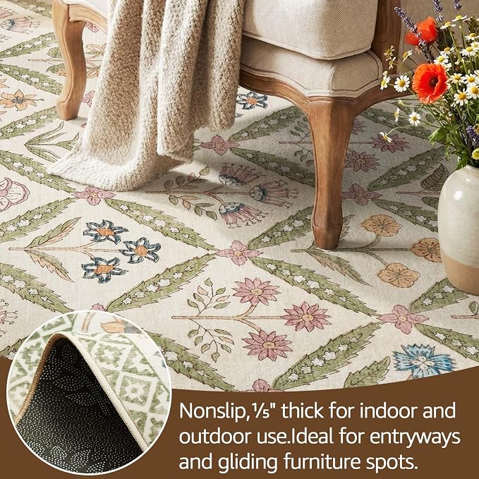 jinchan 5x7 Vintage Floral Washable Living Room Area Rug, Sage Green | Soft & Lightweight, Checkered Floral, Low Pile, Non Slip, Bedroom, Dining Room, Girls Room, Home Office, Cottage Decor