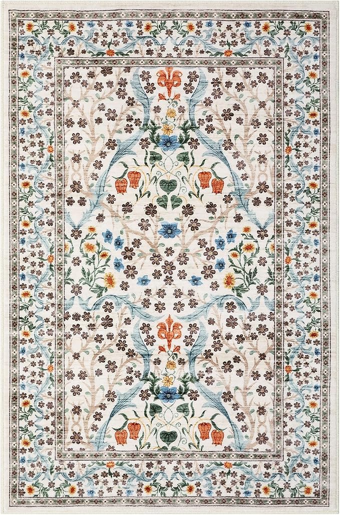 GarveeHome Floral Entryway Rug, 2x3 Washable Front Door Entry Throw Rugs Indoor, Non Slip Bathroom Small Rugs, Boho Thin Rug for Kitchen, Soft Carpet Mat for Bedroom Bathroom, Beige