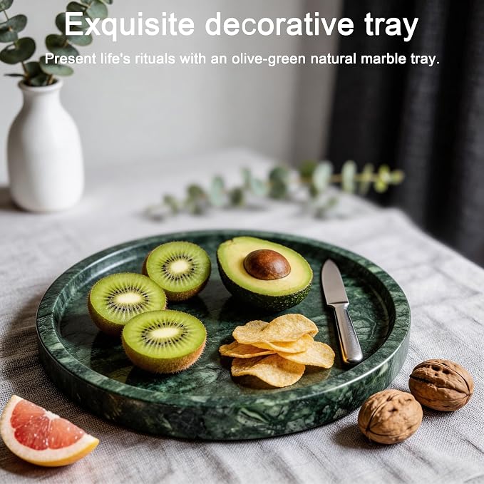 Natural Marble Tray, 9.45" x 0.99" Round Marble Vanity Tray, Marble Ring Dish for Bathroom, Jewelry Tray, Coffee Table,Sink Storage Holder Organizer, Bedside Table,Home Decor,Green (NS055)