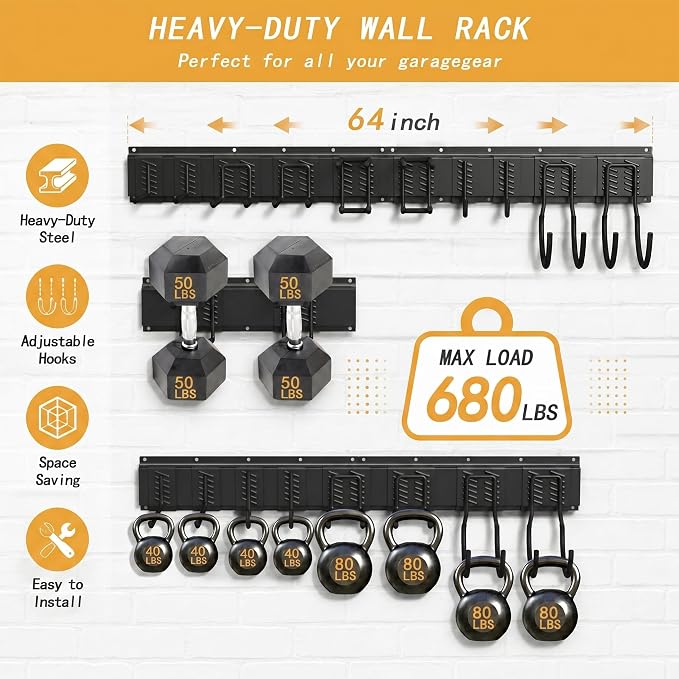 CBWLWJ 64 Inch Garage Tool Organizer Wall Mount, Heavy Duty Steel Storage Rack with 10 Adjustable Hooks, 680 lbs Capacity for Garage, Shed, Basement, Workshop,（Black）