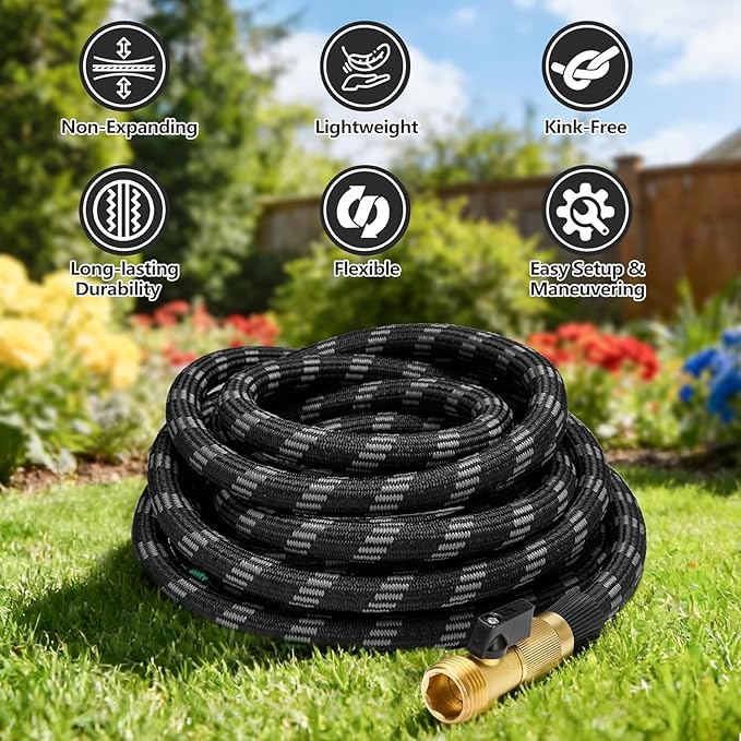 75 FT Non-Expandable Garden Hose, Lightweight Hose with 10 Function Spray Nozzle, Kink-Free Flexible Water Hose, Leak-Proof, 3/4'' Solid Connectors Garden Hose,Ultra Durable Garden Hoses