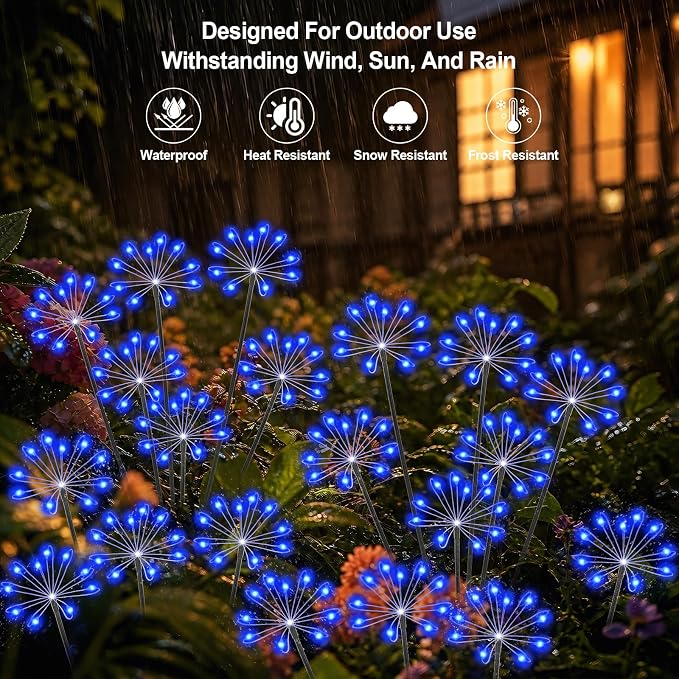 Solar Garden Lights Outdoor, Upgraded Solar Swaying Starburst Light Waterproof with 2 Modes, Solar Fairy Firework Lights for Yard Patio Pathway Flowerbed Balcony Garden Decoration (Blue, 2 Pack)