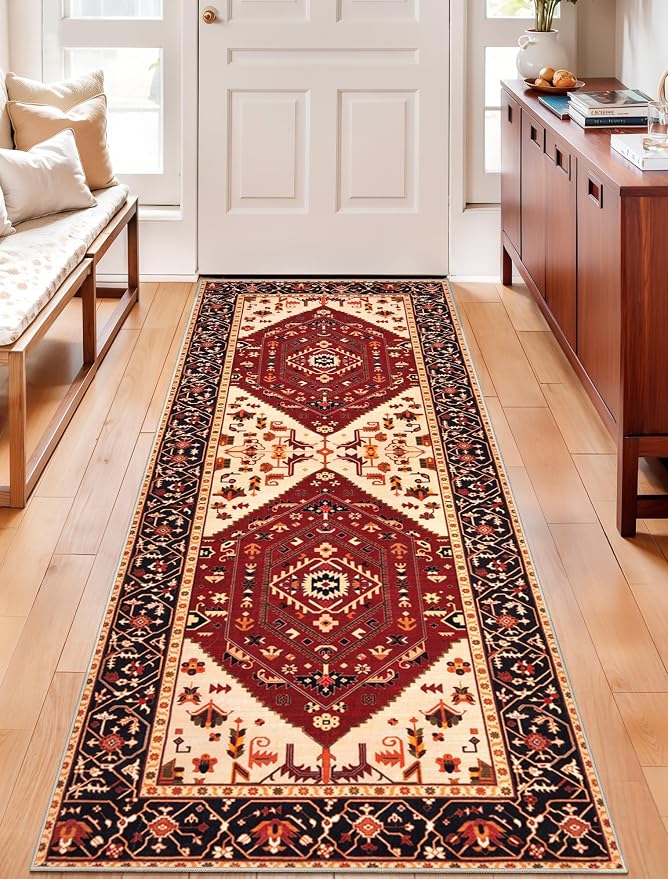 SERISSA 2x5 Washable Non Slip Boho Runner Rug for Hallway，Red Black | Ultra Soft Vintage Oriental Carpet Low-Pile Distressed Tribal Floor Carpet for Kitchen Bedroom Bathroom Laundry Living Room