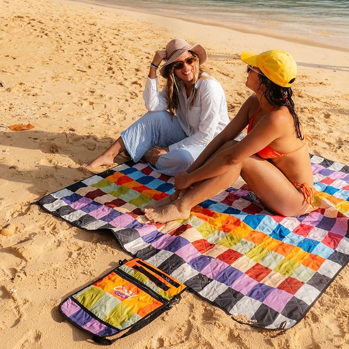 Cozy Club Waterproof Picnic Blanket – Foldable Outdoor Mat 60x70 with Stakes, Pocket & Shoulder Strap | Sandproof Beach Blanket for Festivals, Camping & Travel | Self-Packing | Multicolor | US Brand