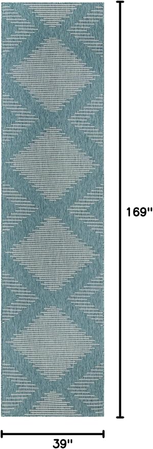 Unique Loom Outdoor Modern Collection Area Rug - Tambor (3' 3" x 14' 1" Runner, Light Aqua/ Ivory)