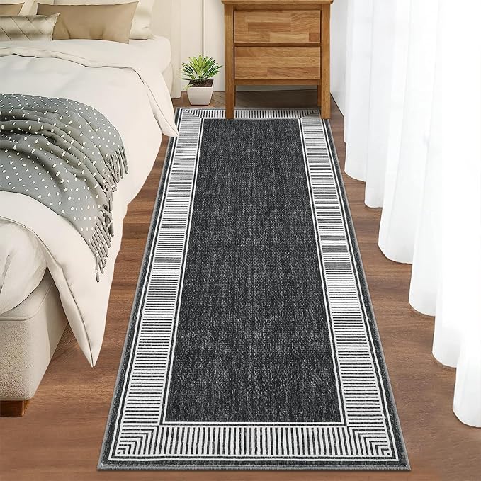 GarveeHome Hallway Runner Rug 2x6 Washable Kitchen Runner Carpet | with Rubber Backing Stain Resistant Striped Border Entry Rug Geometric Area Rug for Living Room Bedroom Dining Room, Black